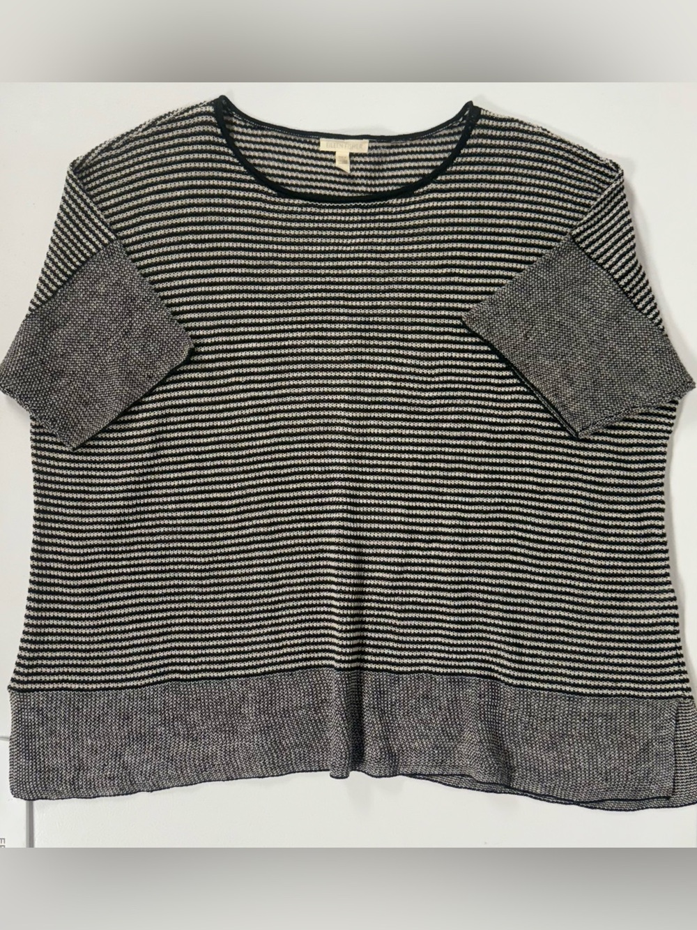 Eileen Fisher Organic Linen Black White Striped Knit Pullover Sweater Women XL